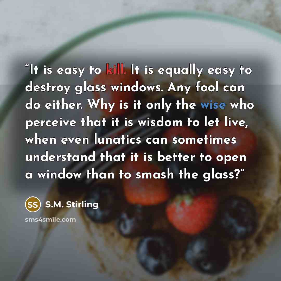 “It is easy to kill. It is equally easy to destroy glass windows. Any fool can do either. Why is it only the wise who perceive that it is wisdom to let live, when even lunatics can sometimes understand that it is better to open a window than to smash the glass?” quote by S.M. Stirling