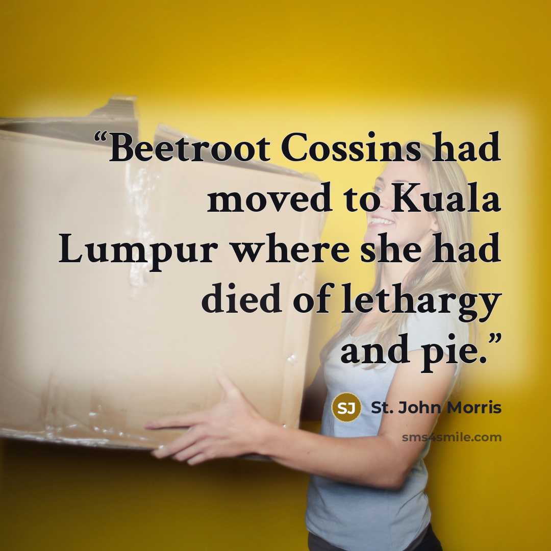 “Beetroot Cossins had moved to Kuala Lumpur where she had died of lethargy and pie.” quote by St. John Morris