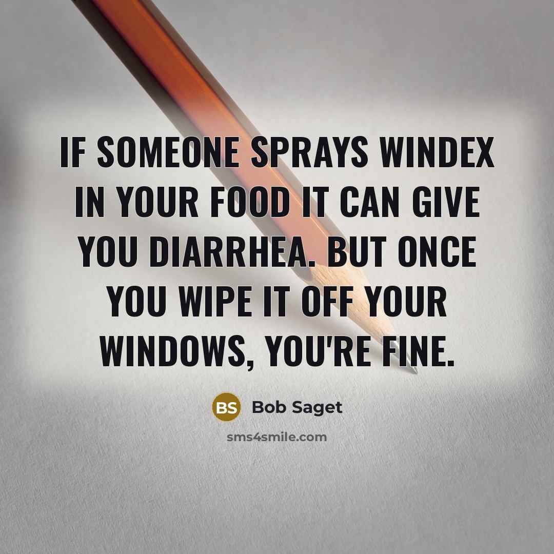 “If someone sprays windex in your food it can give you diarrhea. But once you wipe it off your windows, you're fine.” quote by Bob Saget
