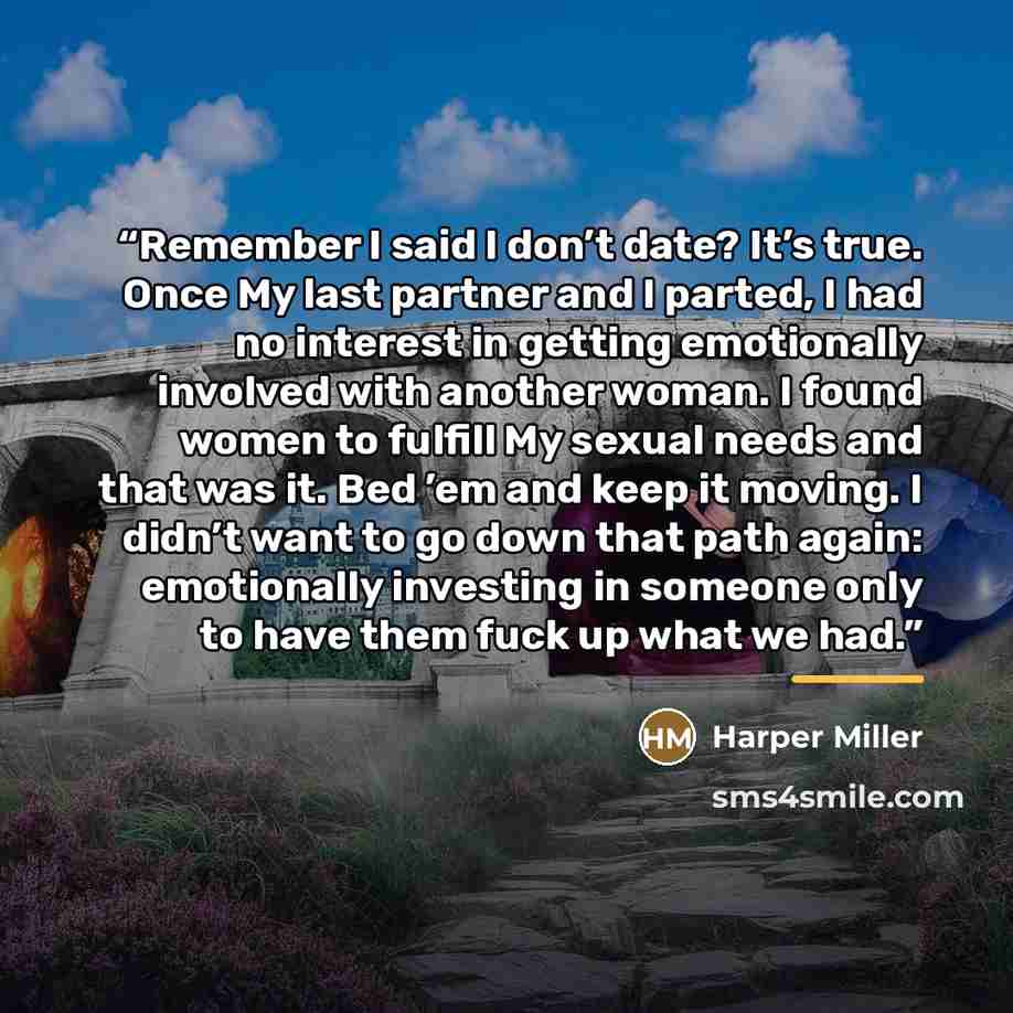 “Remember I said I don’t date? It’s true. Once My last partner and I parted, I had no interest in getting emotionally involved with another woman. I found women to fulfill My sexual needs and that was it. Bed ’em and keep it moving. I didn’t want to go down that path again: emotionally investing in…” quote by Harper Miller