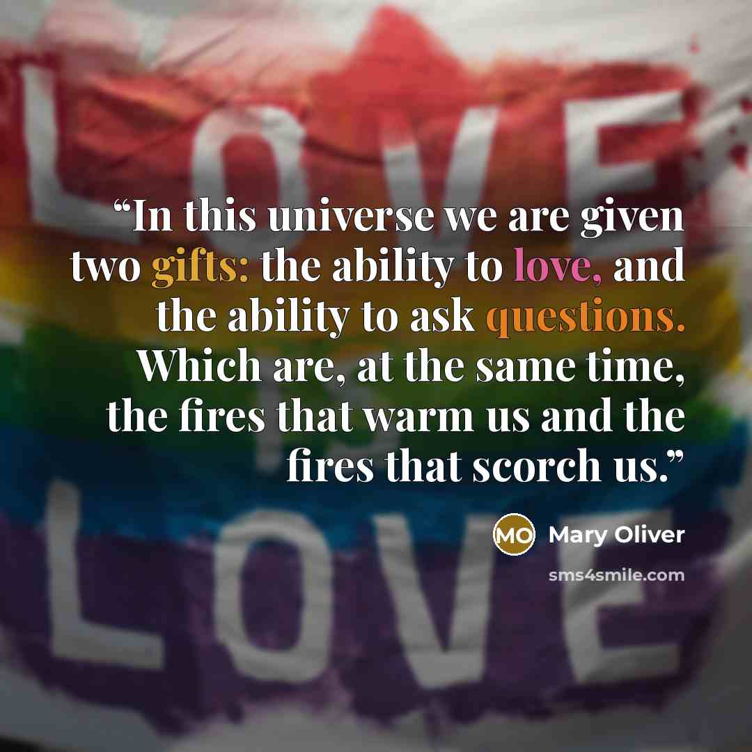 “In this universe we are given two gifts: the ability to love, and the ability to ask questions. Which are, at the same time, the fires that warm us and the fires that scorch us.” quote by Mary Oliver