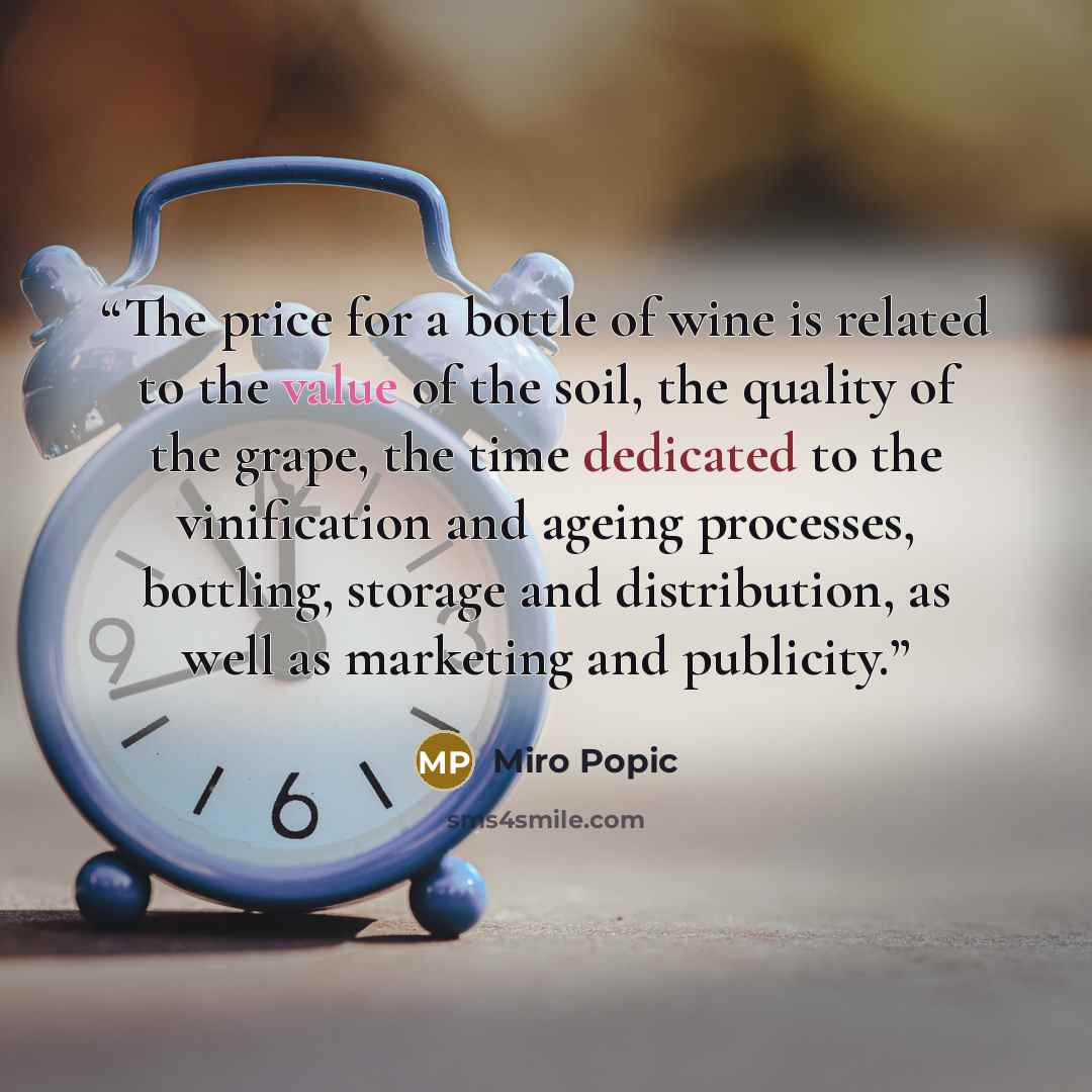 “The price for a bottle of wine is related to the value of the soil, the quality of the grape, the time dedicated to the vinification and ageing processes, bottling, storage and distribution, as well as marketing and publicity.” quote by Miro Popic