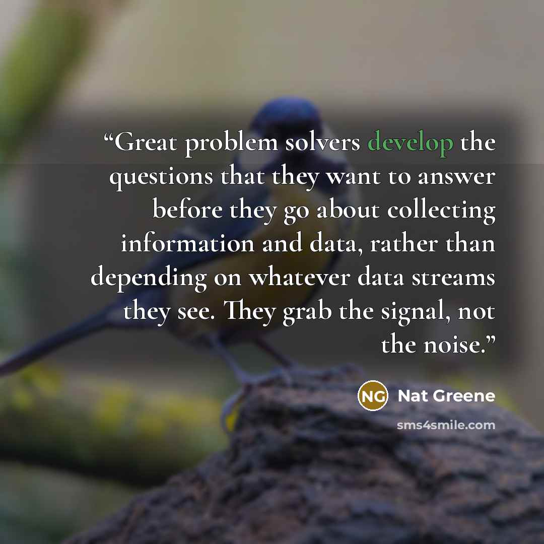“Great problem solvers develop the questions that they want to answer before they go about collecting information and data, rather than depending on whatever data streams they see. They grab the signal, not the noise.” quote by Nat Greene