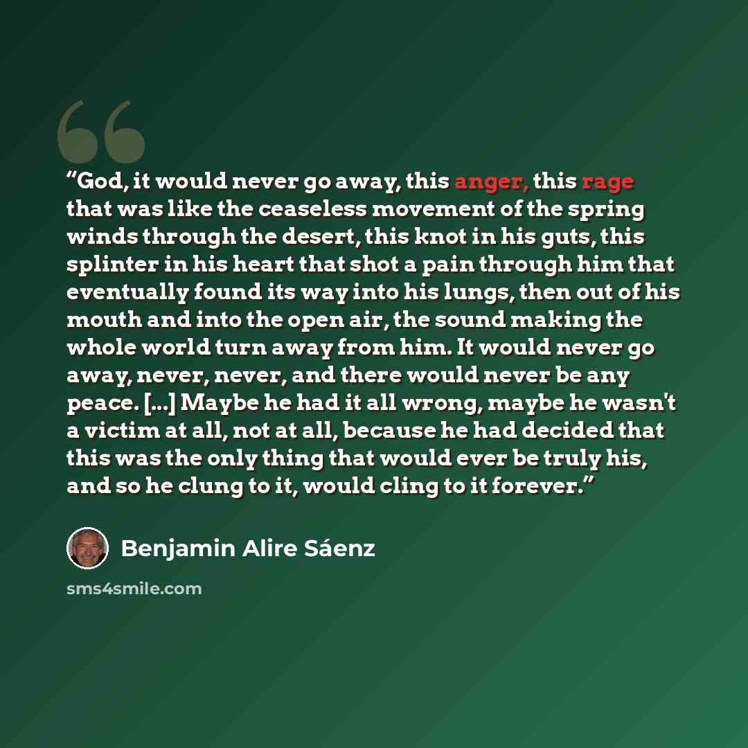 “God, it would never go away, this anger, this rage that was like the ceaseless movement of the spring winds through the desert, this knot in his guts, this splinter in his heart that shot a pain through him that eventually found its way into his lungs, then out of his mouth and into the open air…” quote by Benjamin Alire Sáenz