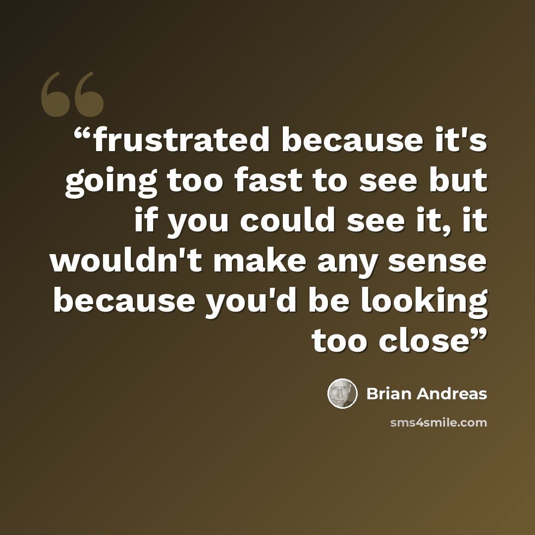 “frustrated because it's going too fast to see but if you could see it, it wouldn't make any sense because you'd be looking too close” quote by brian andreas