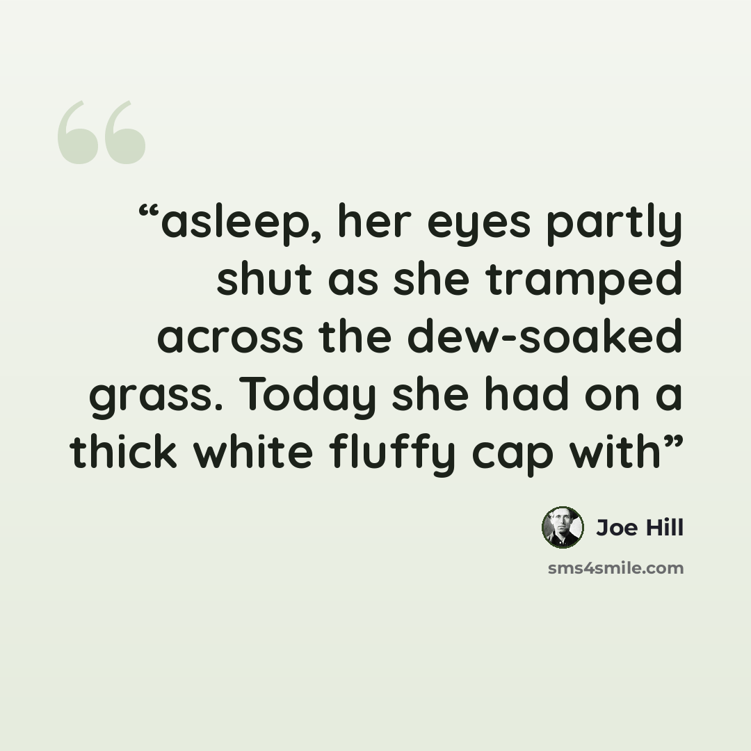“asleep, her eyes partly shut as she tramped across the dew-soaked grass. Today she had on a thick white fluffy cap with” quote by Joe Hill