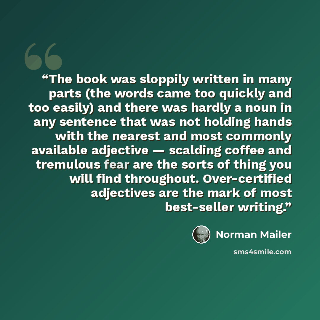 “The book was sloppily written in many parts (the words came too quickly and too easily) and there was hardly a noun in any sentence that was not holding hands with the nearest and most commonly available adjective — scalding coffee and tremulous fear are the sorts of thing you will find…” quote by Norman Mailer