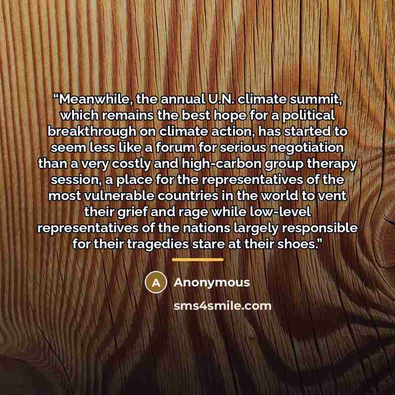 “Meanwhile, the annual U.N. climate summit, which remains the best hope for a political breakthrough on climate action, has started to seem less like a forum for serious negotiation than a very costly and high-carbon group therapy session, a place for the representatives of the most vulnerable…” quote by Anonymous