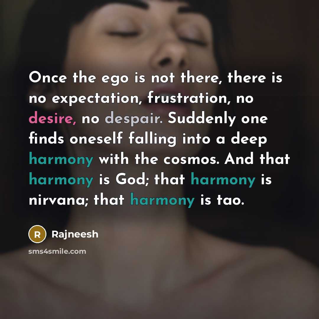 “Once the ego is not there, there is no expectation, frustration, no desire, no despair. Suddenly one finds oneself falling into a deep harmony with the cosmos. And that harmony is God; that harmony is nirvana; that harmony is tao.” quote by Rajneesh