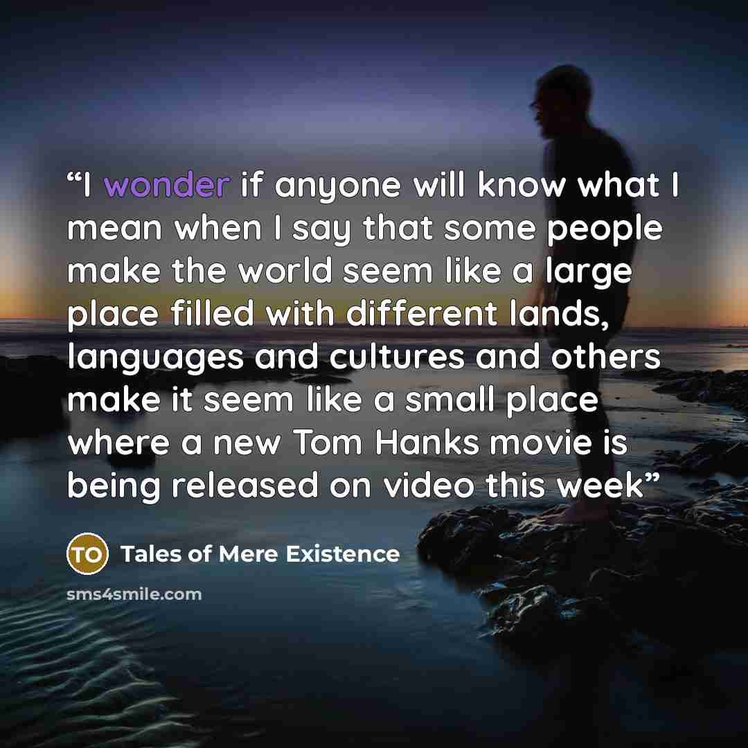 “I wonder if anyone will know what I mean when I say that some people make the world seem like a large place filled with different lands, languages and cultures and others make it seem like a small place where a new Tom Hanks movie is being released on video this week” quote by Tales of Mere Existence