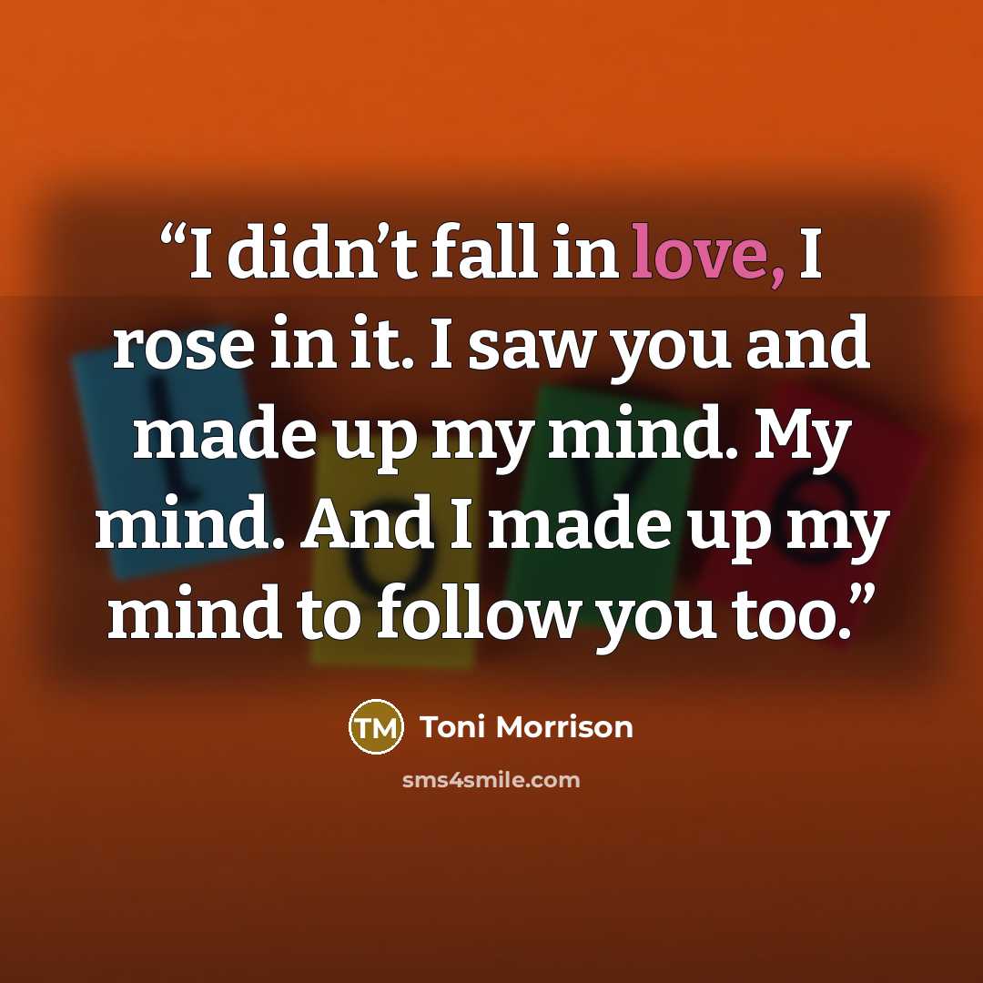 “I didn’t fall in love, I rose in it. I saw you and made up my mind. My mind. And I made up my mind to follow you too.” quote by Toni Morrison