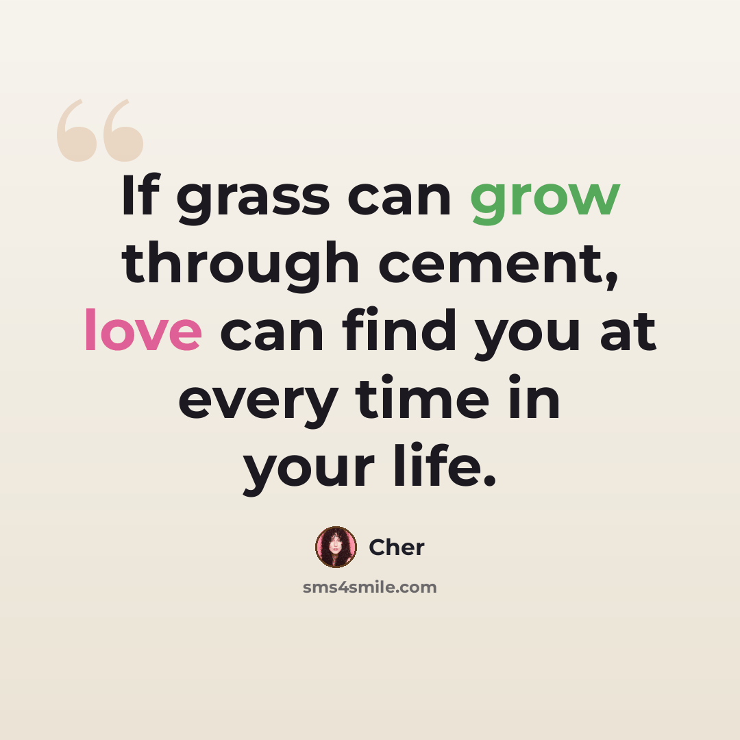 “If grass can grow through cement, love can find you at every time in your life.” quote by Cher