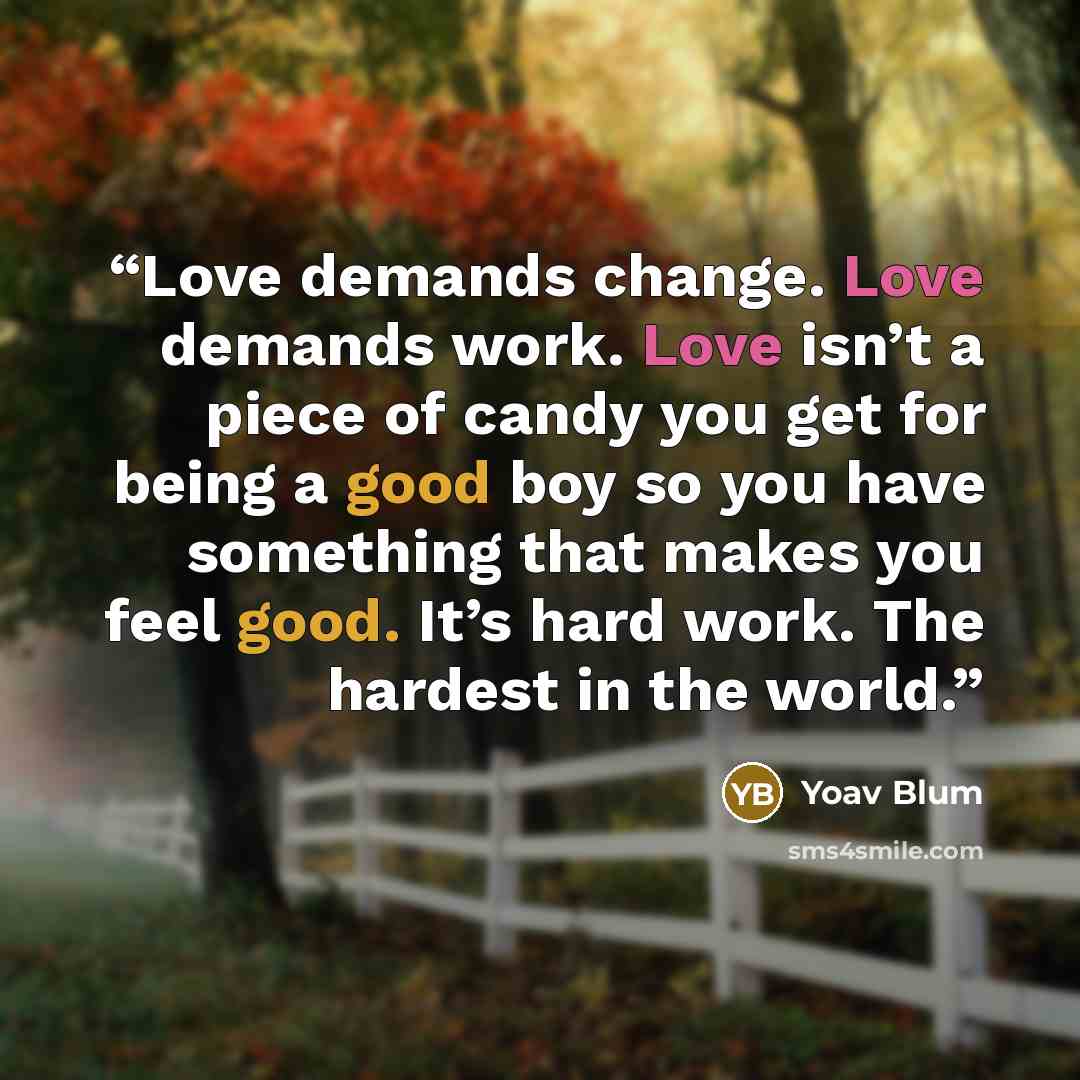“Love demands change. Love demands work. Love isn’t a piece of candy you get for being a good boy so you have something that makes you feel good. It’s hard work. The hardest in the world.” quote by Yoav Blum