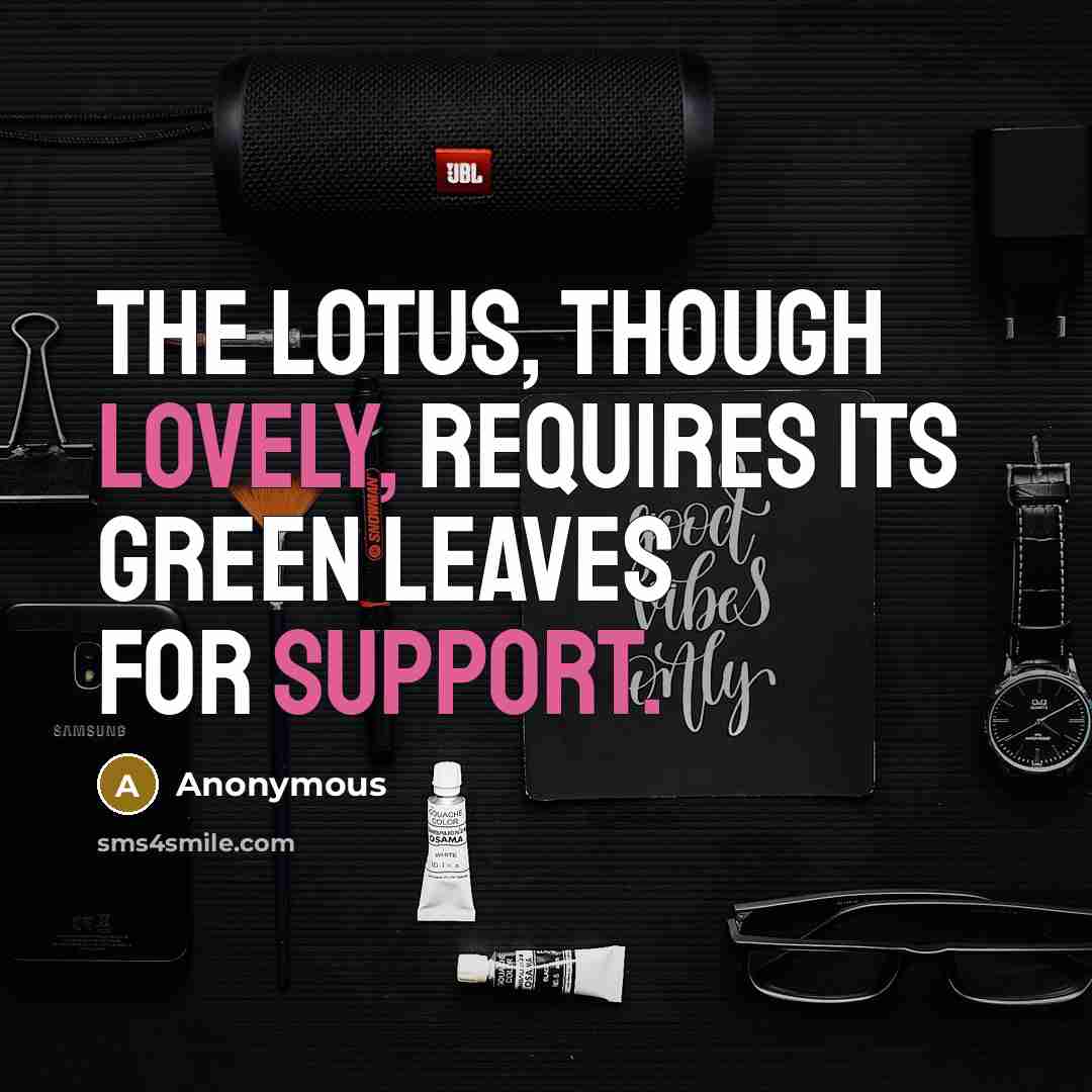 “The lotus, though lovely, requires its green leaves for support.” quote by Anonymous
