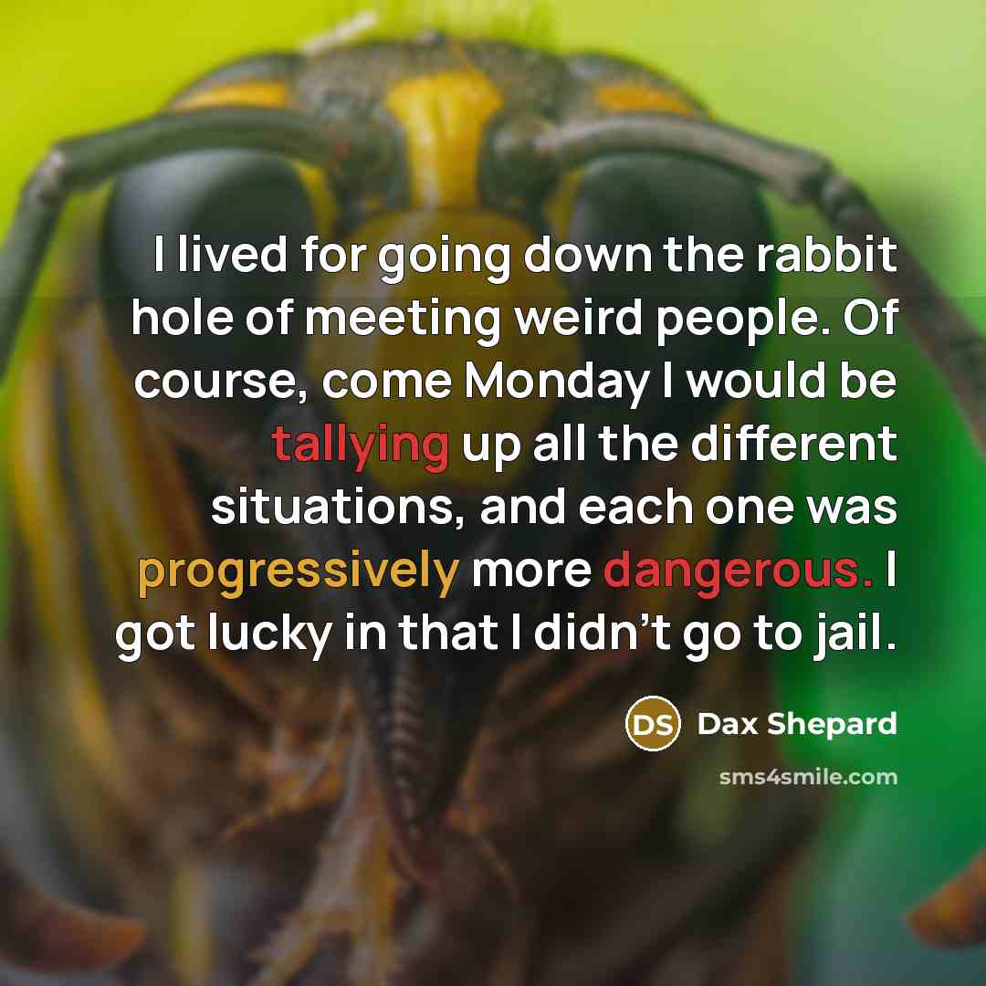 “I lived for going down the rabbit hole of meeting weird people. Of course, come Monday I would be tallying up all the different situations, and each one was progressively more dangerous. I got lucky in that I didn't go to jail.” quote by Dax Shepard