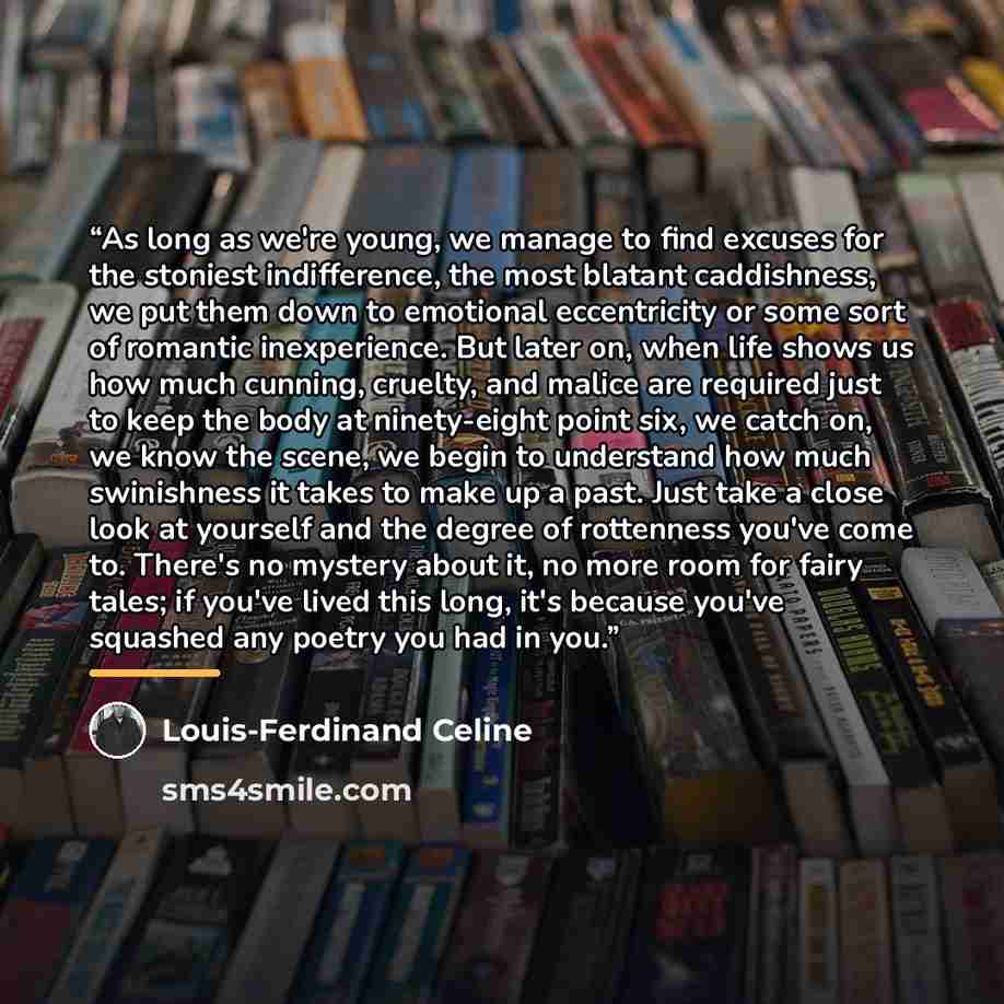 “As long as we're young, we manage to find excuses for the stoniest indifference, the most blatant caddishness, we put them down to emotional eccentricity or some sort of romantic inexperience. But later on, when life shows us how much cunning, cruelty, and malice are required just to keep the body…” quote by Louis-Ferdinand Céline