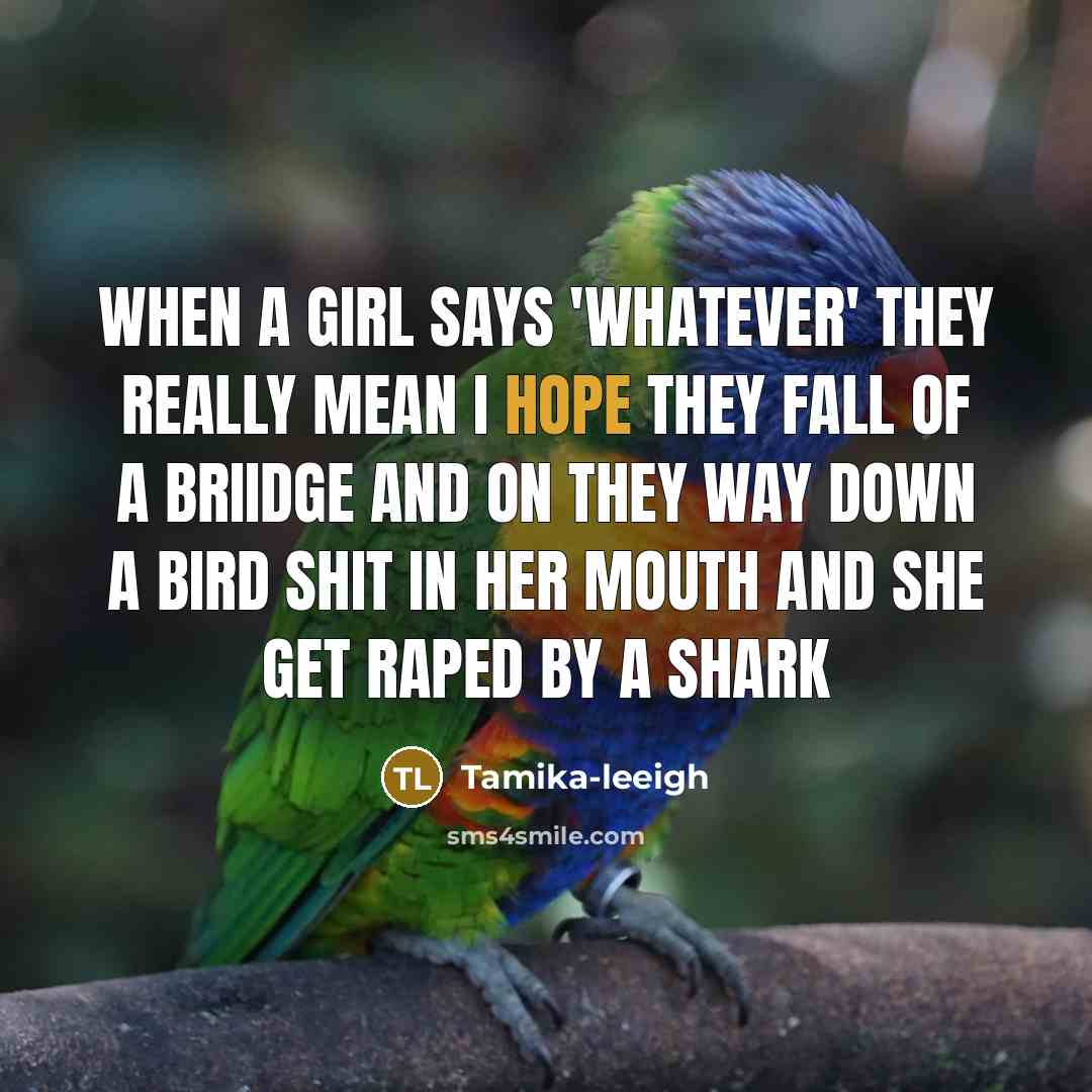 “When a girl says 'whatever' they really mean I hope they fall of a briidge and on they way down a bird shit in her mouth and she get raped by a shark” quote by Tamika-leeigh