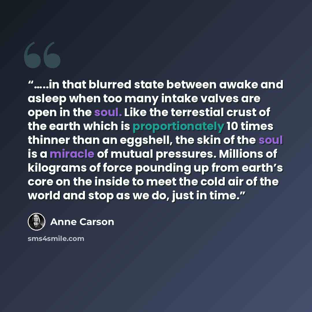 “…..in that blurred state between awake and asleep when too many intake valves are open in the soul. Like the terrestial crust of the earth which is proportionately 10 times thinner than an eggshell, the skin of the soul is a miracle of mutual pressures. Millions of kilograms of force pounding up…” quote by Anne Carson