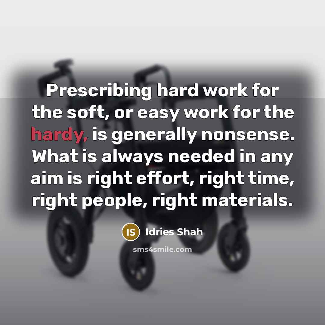 “Prescribing hard work for the soft, or easy work for the hardy, is generally nonsense. What is always needed in any aim is right effort, right time, right people, right materials.” quote by Idries Shah
