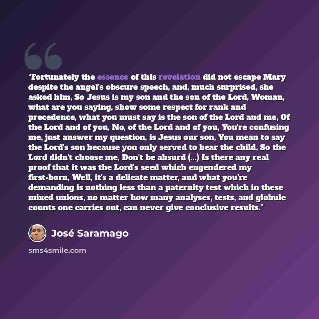 “Fortunately the essence of this revelation did not escape Mary despite the angel's obscure speech, and, much surprised, she asked him, So Jesus is my son and the son of the Lord, Woman, what are you saying, show some respect for rank and precedence, what you must say is the son of the Lord and me…” quote by José Saramago