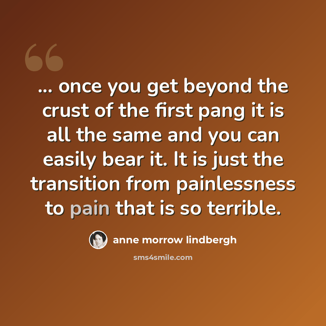 “... once you get beyond the crust of the first pang it is all the same and you can easily bear it. It is just the transition from painlessness to pain that is so terrible.” quote by Anne Morrow Lindbergh