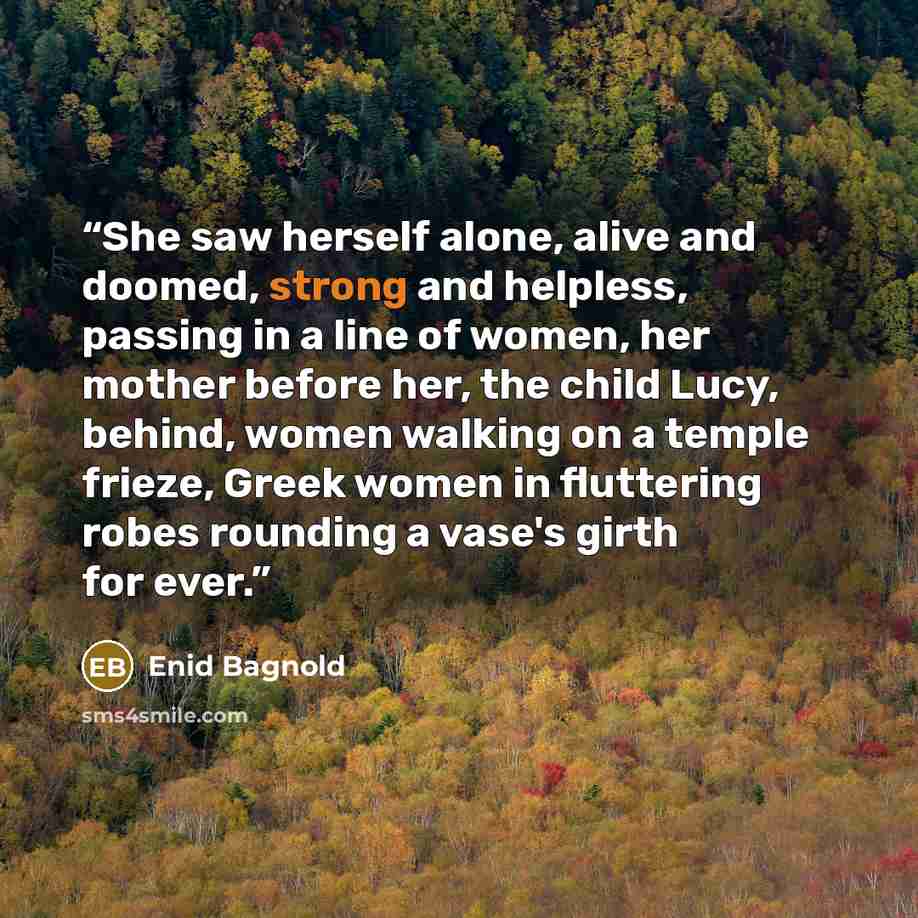 “She saw herself alone, alive and doomed, strong and helpless, passing in a line of women, her mother before her, the child Lucy, behind, women walking on a temple frieze, Greek women in fluttering robes rounding a vase's girth for ever.” quote by Enid Bagnold