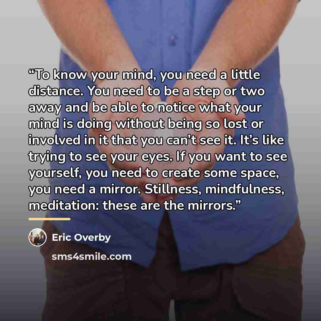 “To know your mind, you need a little distance. You need to be a step or two away and be able to notice what your mind is doing without being so lost or involved in it that you can’t see it. It’s like trying to see your eyes. If you want to see yourself, you need to create some space, you need a…” quote by Eric Overby