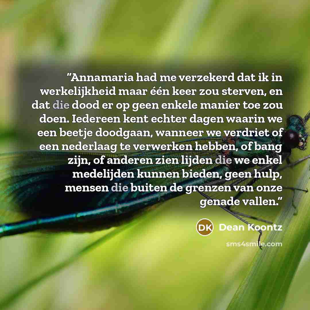 “Annamaria had me verzekerd dat ik in werkelijkheid maar één keer zou sterven, en dat die dood er op geen enkele manier toe zou doen. Iedereen kent echter dagen waarin we een beetje doodgaan, wanneer we verdriet of een nederlaag te verwerken hebben, of bang zijn, of anderen zien lijden die we enkel…” quote by Dean Koontz