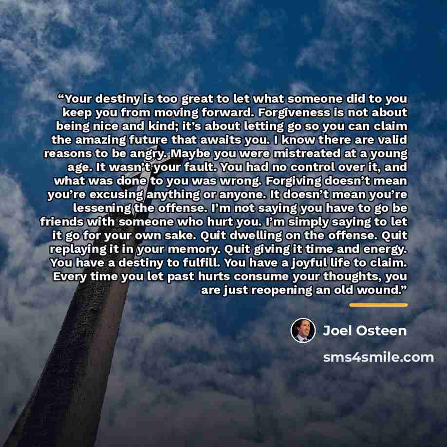 “Your destiny is too great to let what someone did to you keep you from moving forward. Forgiveness is not about being nice and kind; it’s about letting go so you can claim the amazing future that awaits you. I know there are valid reasons to be angry. Maybe you were mistreated at a young age. It…” quote by Joel Osteen