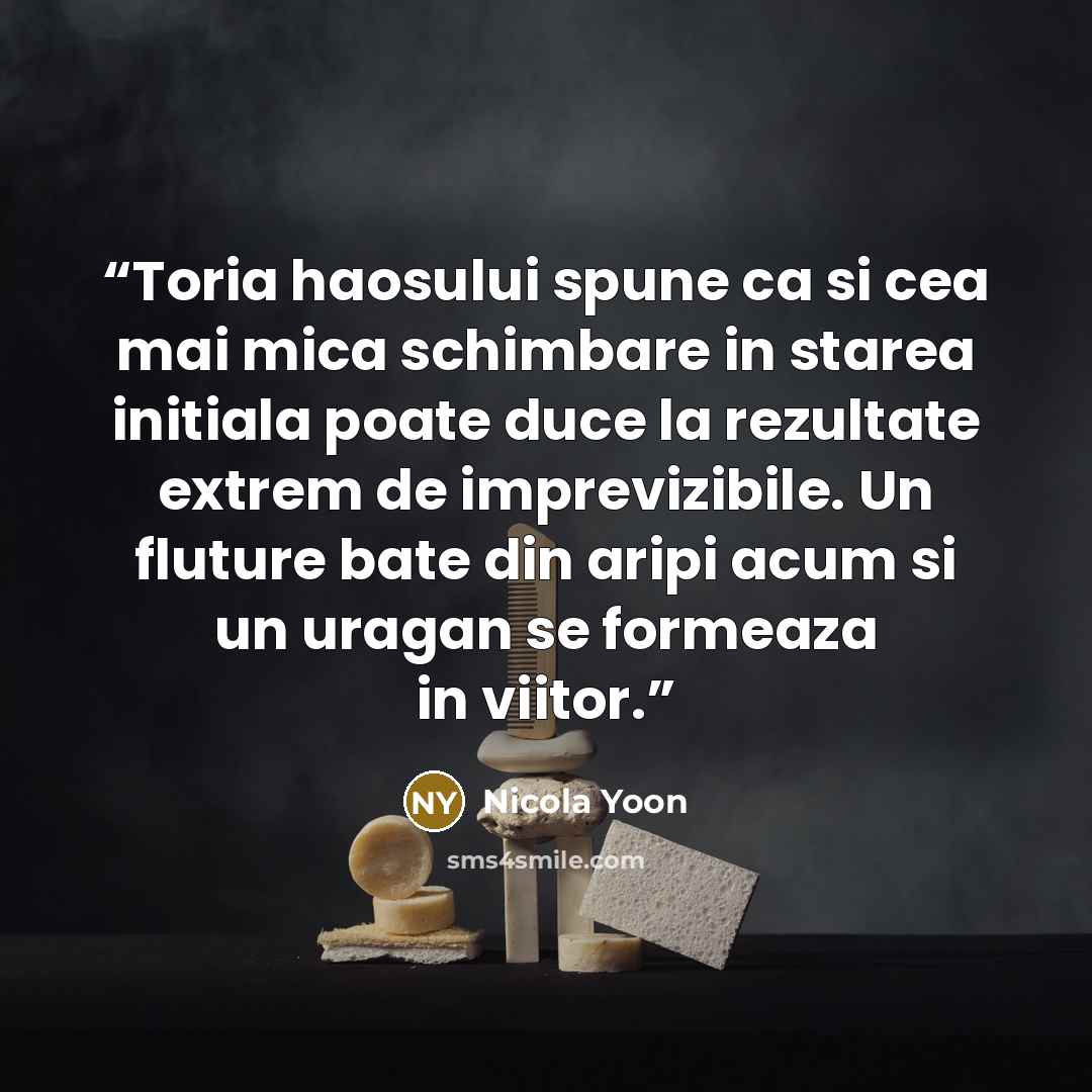 “Toria haosului spune ca si cea mai mica schimbare in starea initiala poate duce la rezultate extrem de imprevizibile. Un fluture bate din aripi acum si un uragan se formeaza in viitor.” quote by Nicola Yoon