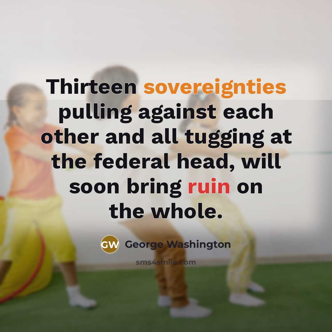 “Thirteen sovereignties pulling against each other and all tugging at the federal head, will soon bring ruin on the whole.” quote by George Washington