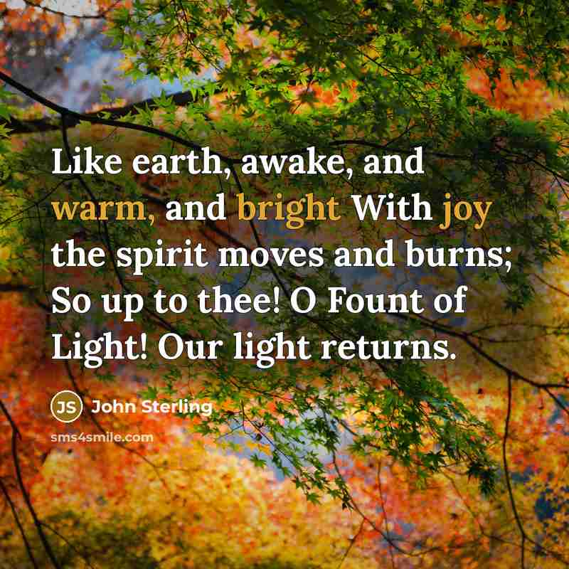 “Like earth, awake, and warm, and bright With joy the spirit moves and burns; So up to thee! O Fount of Light! Our light returns.” quote by John Sterling