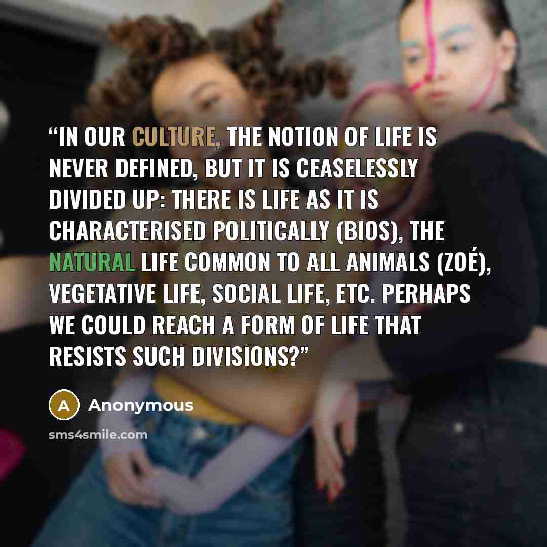 “In our culture, the notion of life is never defined, but it is ceaselessly divided up: there is life as it is characterised politically (bios), the natural life common to all animals (zoé), vegetative life, social life, etc. Perhaps we could reach a form of life that resists such divisions?” quote by Anonymous