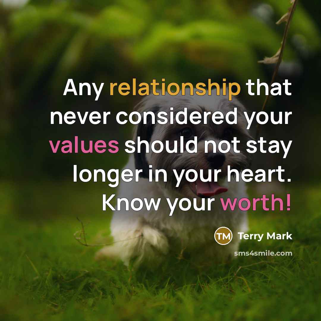 “Any relationship that never considered your values should not stay longer in your heart. Know your worth!” quote by Terry Mark