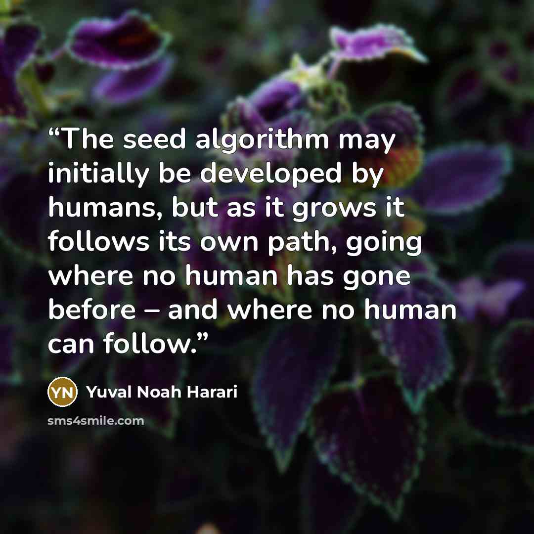 “The seed algorithm may initially be developed by humans, but as it grows it follows its own path, going where no human has gone before – and where no human can follow.” quote by Yuval Noah Harari