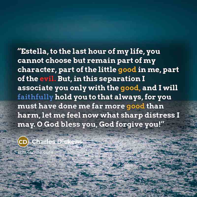 “Estella, to the last hour of my life, you cannot choose but remain part of my character, part of the little good in me, part of the evil. But, in this separation I associate you only with the good, and I will faithfully hold you to that always, for you must have done me far more good than harm…” quote by Charles Dickens