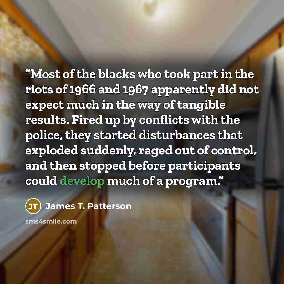 “Most of the blacks who took part in the riots of 1966 and 1967 apparently did not expect much in the way of tangible results. Fired up by conflicts with the police, they started disturbances that exploded suddenly, raged out of control, and then stopped before participants could develop much of a…” quote by James T. Patterson