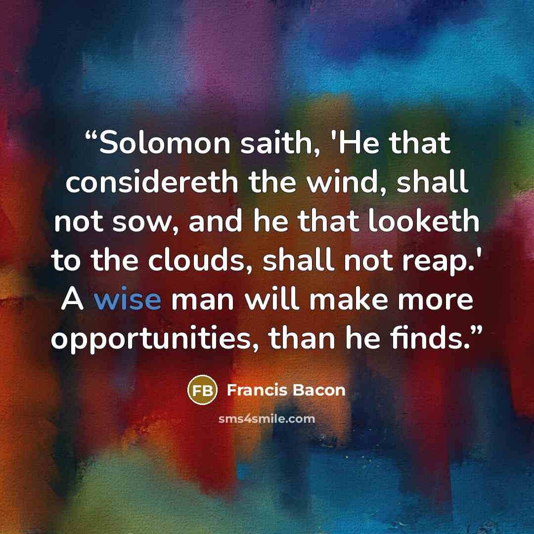 “Solomon saith, 'He that considereth the wind, shall not sow, and he that looketh to the clouds, shall not reap.' A wise man will make more opportunities, than he finds.” quote by Francis Bacon