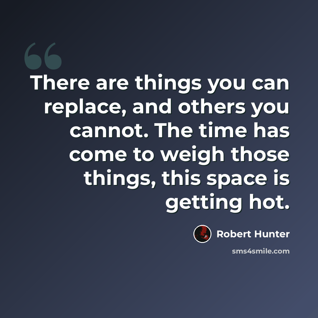 “There are things you can replace, and others you cannot. The time has come to weigh those things, this space is getting hot.” quote by Robert Hunter