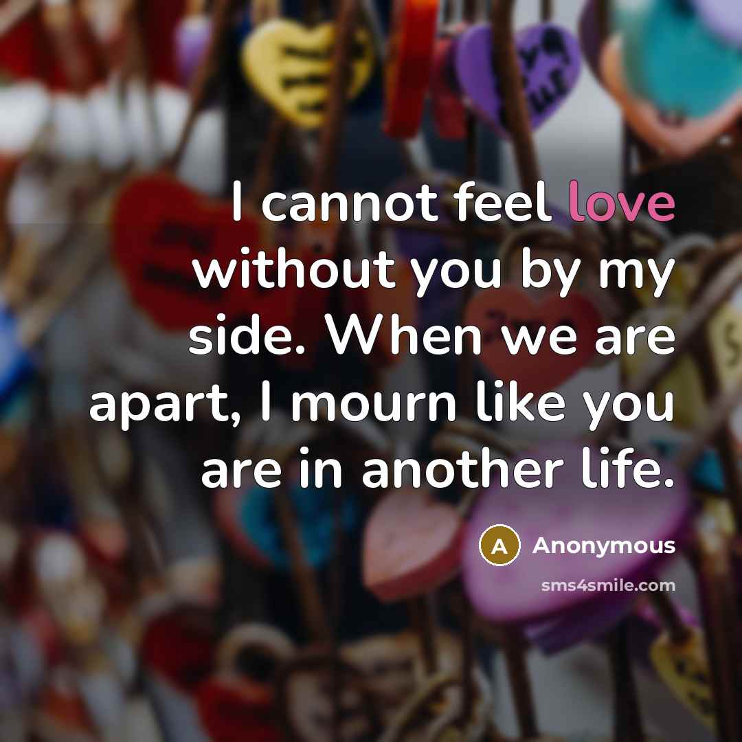 “I cannot feel love without you by my side. When we are apart, I mourn like you are in another life.” quote by Anonymous