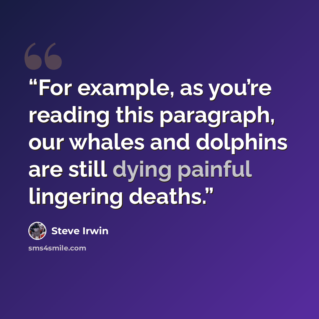 “For example, as you’re reading this paragraph, our whales and dolphins are still dying painful lingering deaths.” quote by Steve Irwin