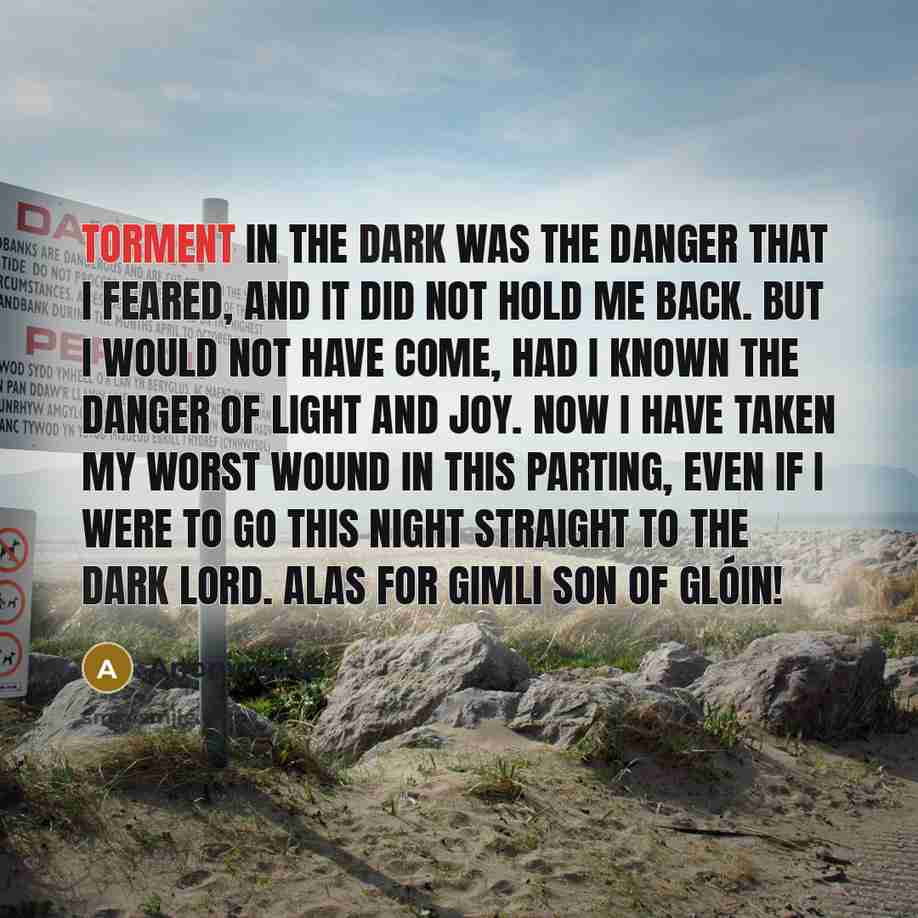 “Torment in the dark was the danger that I feared, and it did not hold me back. But I would not have come, had I known the danger of light and joy. Now I have taken my worst wound in this parting, even if I were to go this night straight to the Dark Lord. Alas for Gimli son of Glóin!” quote by Anonymous