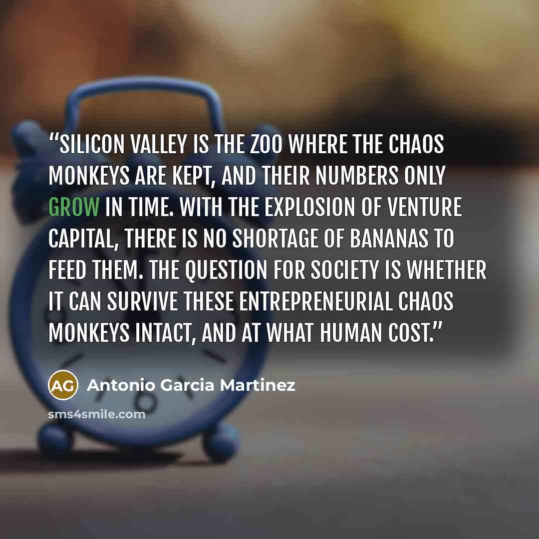 “Silicon Valley is the zoo where the chaos monkeys are kept, and their numbers only grow in time. With the explosion of venture capital, there is no shortage of bananas to feed them. The question for society is whether it can survive these entrepreneurial chaos monkeys intact, and at what human cost.” quote by Antonio Garcia Martinez