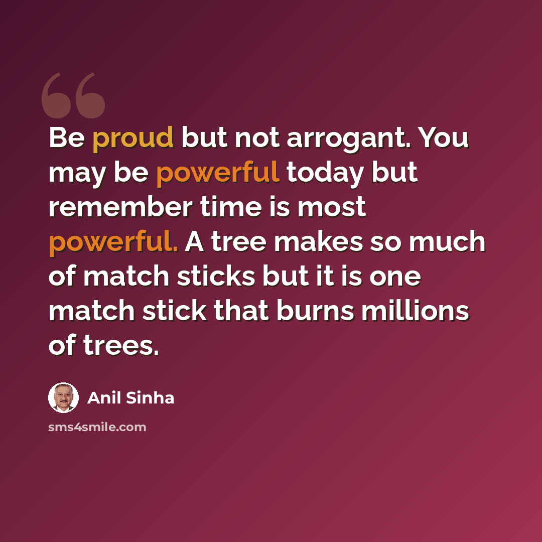“Be proud but not arrogant. You may be powerful today but remember time is most powerful. A tree makes so much of match sticks but it is one match stick that burns millions of trees.” quote by Anil Sinha
