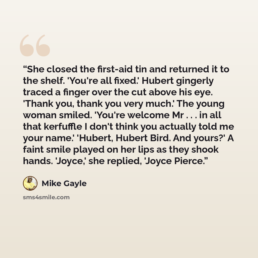 “She closed the first-aid tin and returned it to the shelf. 'You're all fixed.' Hubert gingerly traced a finger over the cut above his eye. 'Thank you, thank you very much.' The young woman smiled. 'You're welcome Mr . . . in all that kerfuffle I don't think you actually told me your name.'…” quote by Mike Gayle