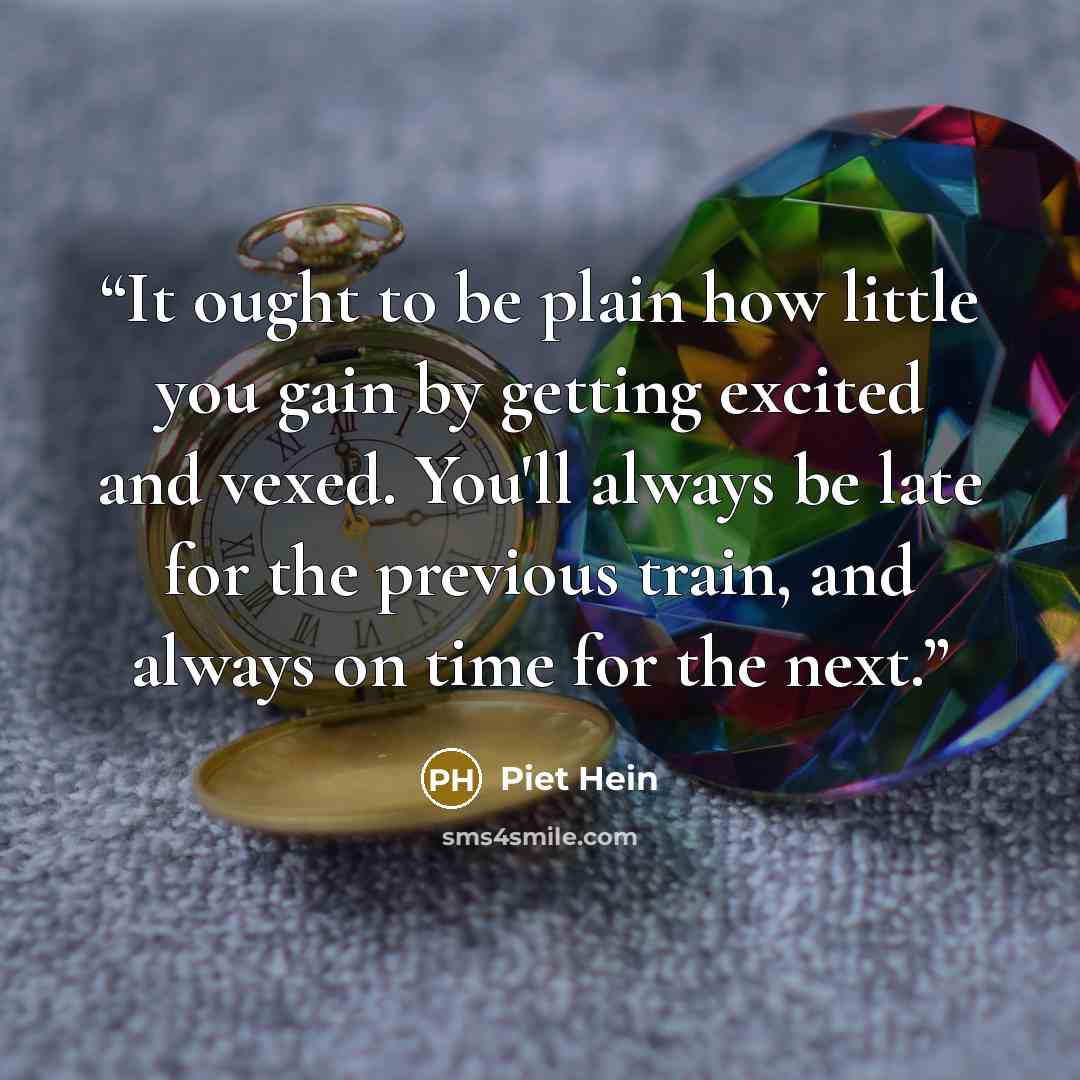 “It ought to be plain how little you gain by getting excited and vexed. You'll always be late for the previous train, and always on time for the next.” quote by Piet Hein