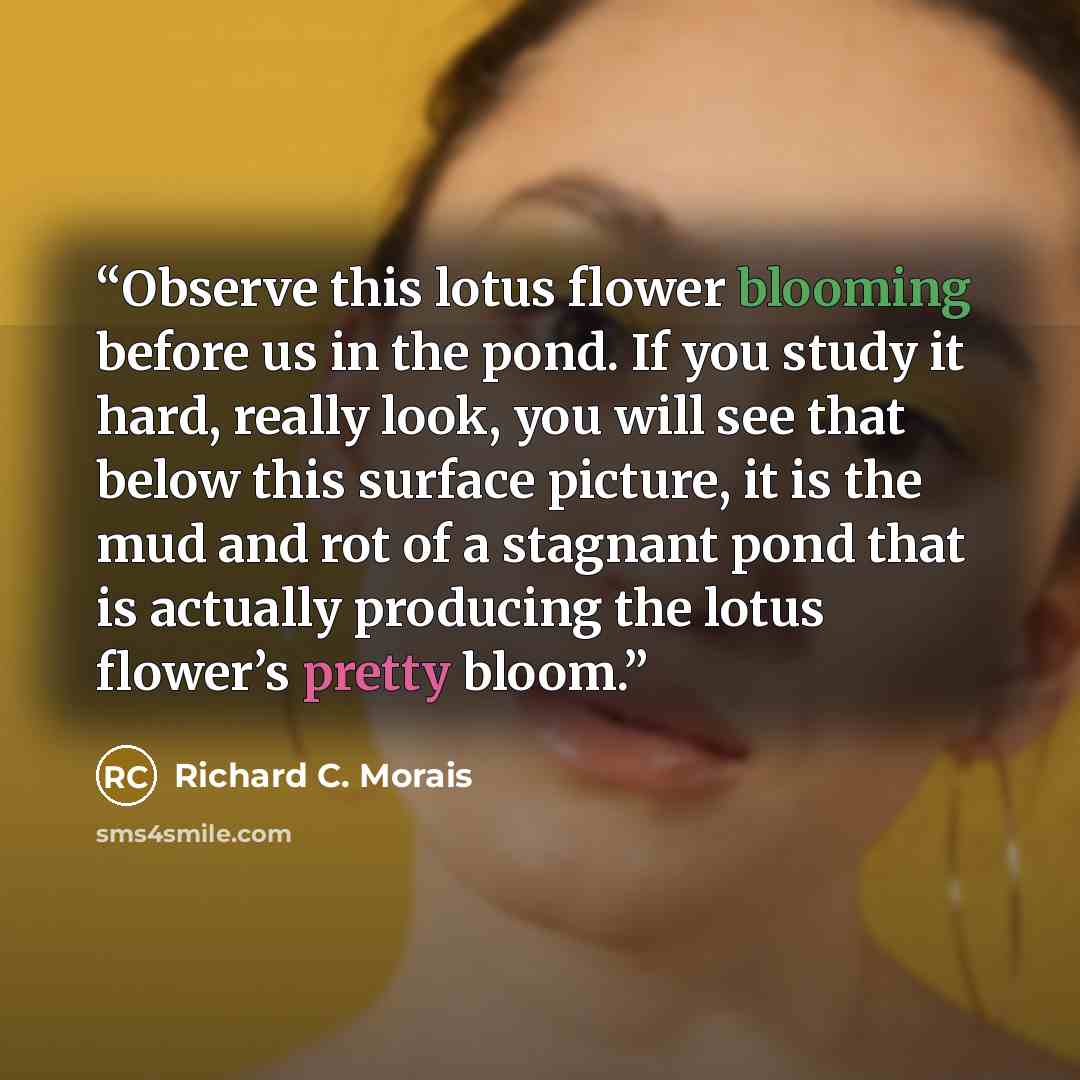 “Observe this lotus flower blooming before us in the pond. If you study it hard, really look, you will see that below this surface picture, it is the mud and rot of a stagnant pond that is actually producing the lotus flower’s pretty bloom.” quote by Richard C. Morais