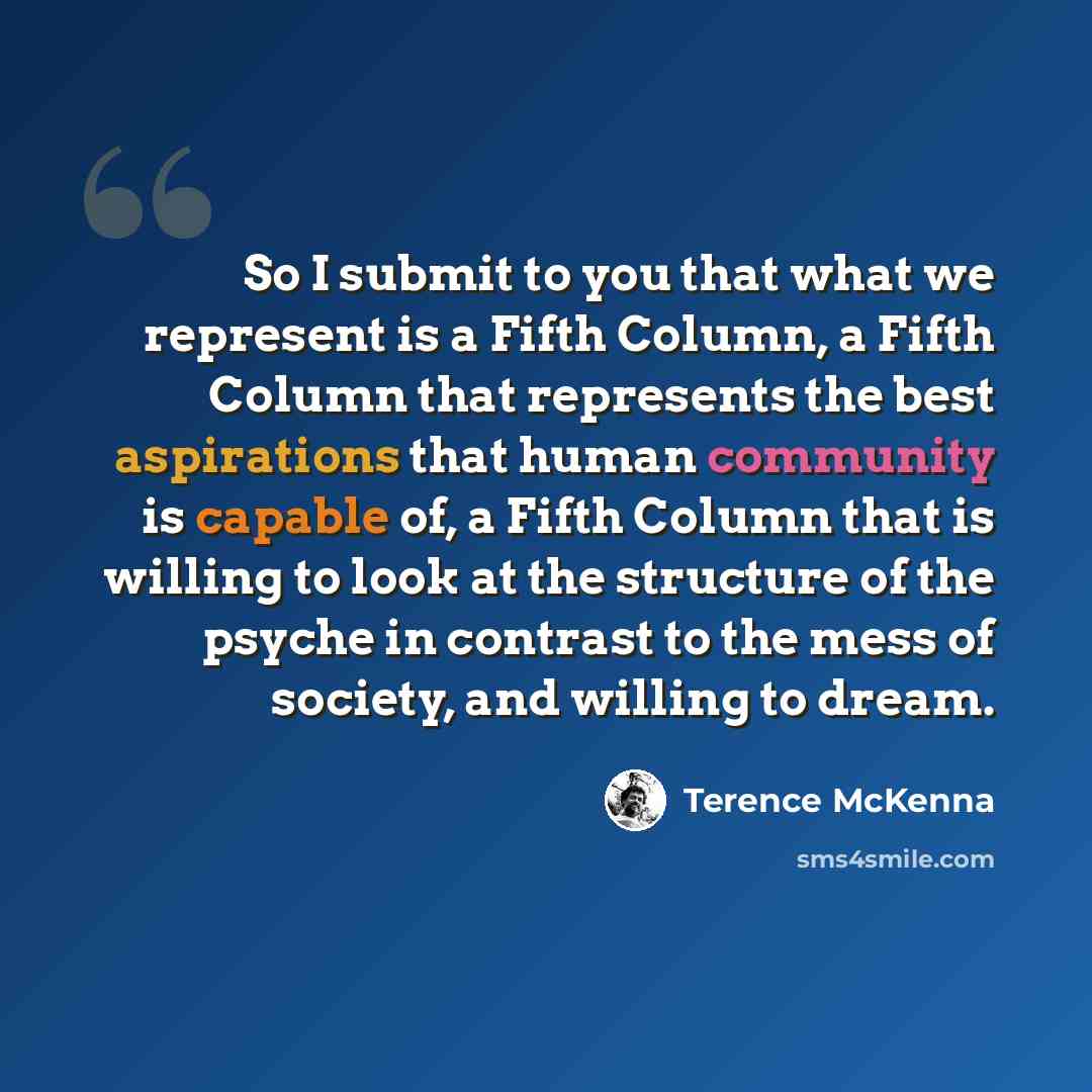 “So I submit to you that what we represent is a Fifth Column, a Fifth Column that represents the best aspirations that human community is capable of, a Fifth Column that is willing to look at the structure of the psyche in contrast to the mess of society, and willing to dream.” quote by Terence McKenna