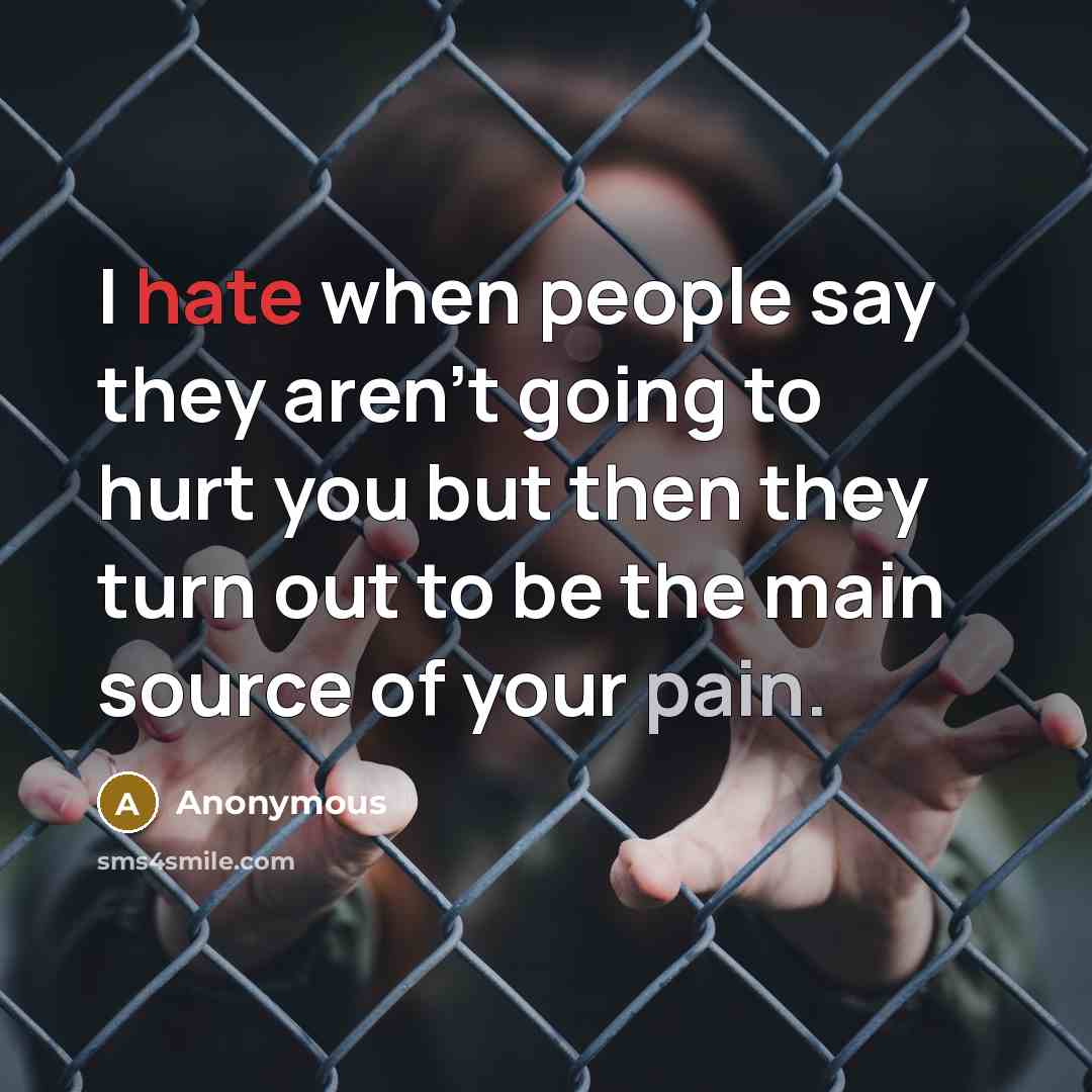“I hate when people say they aren't going to hurt you but then they turn out to be the main source of your pain.” quote by Anonymous