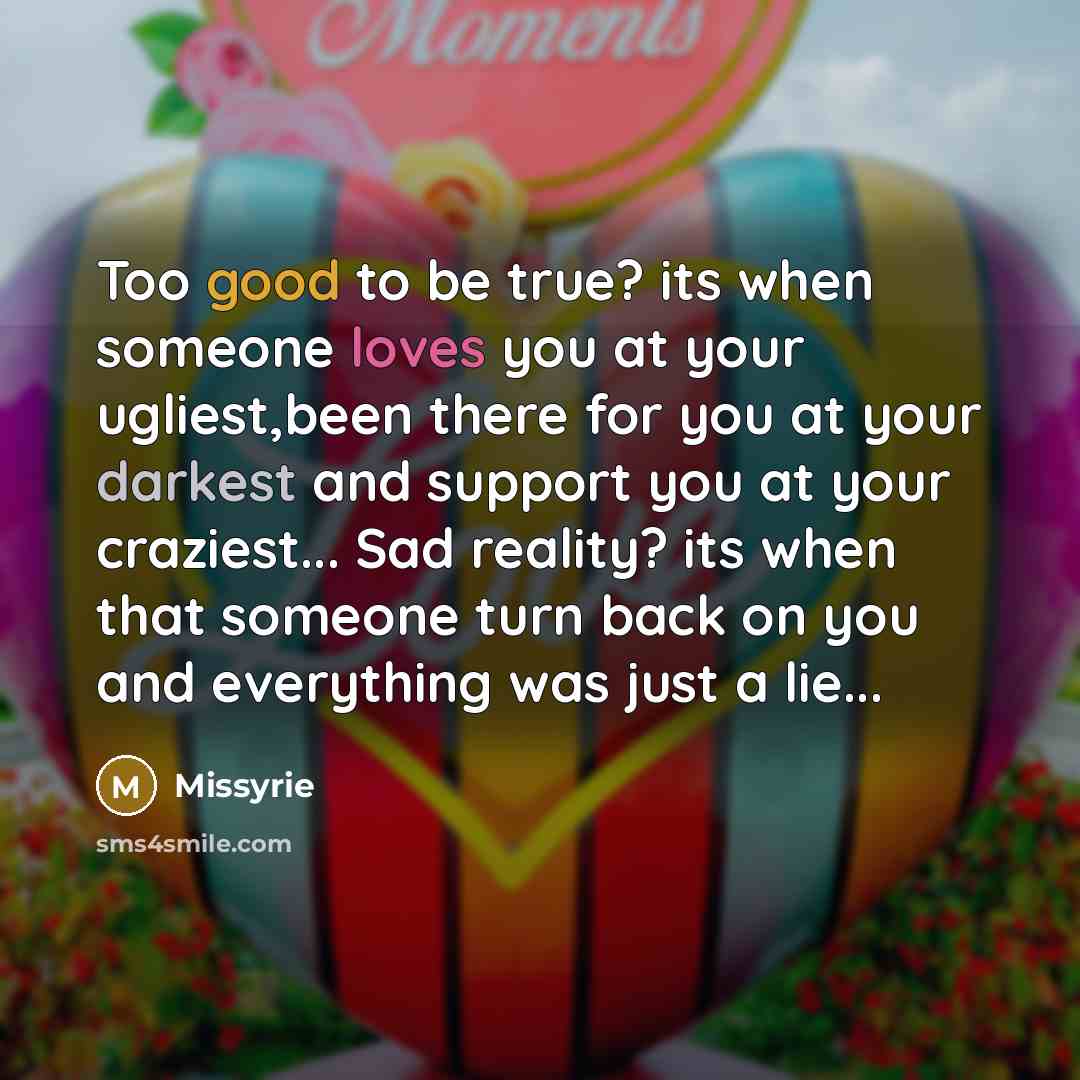 “Too good to be true? its when someone loves you at your ugliest,been there for you at your darkest and support you at your craziest... Sad reality? its when that someone turn back on you and everything was just a lie...” quote by Missyrie